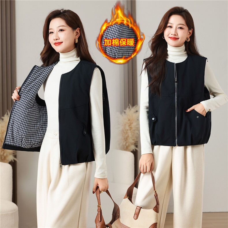 棉马甲女纯色拼接格子休闲时尚简约加棉马甲,女装棉衣/棉服,曼沙奕珂