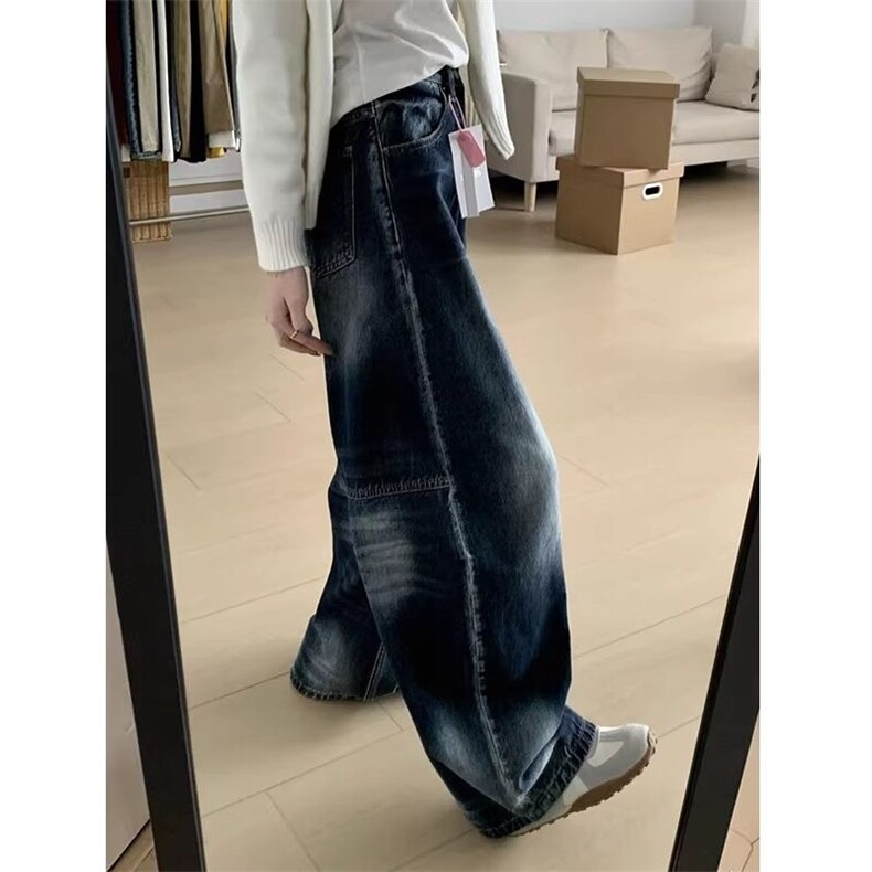 蓝灰色慵懒松弛风牛仔裤女小个子梨形宽松粗腿遮肉显瘦弯刀阔腿裤，男装牛仔裤，星座813-2