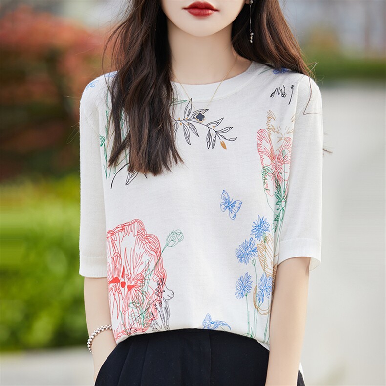 时尚百搭针织短袖女2025夏新款气质宽松薄款冰丝印花t恤洋气上衣,针织衫/毛衣,暖烁特种纱工厂店