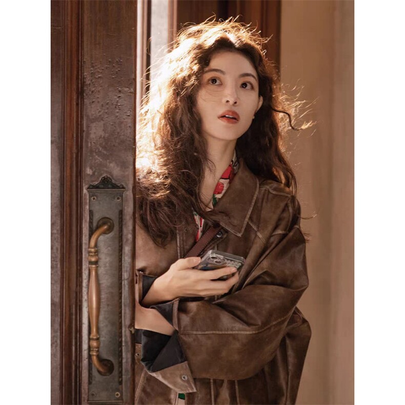 复古短款皮衣外套秋冬2025新款美式机车夹克上衣潮Y1022-P90网图，女装皮衣，电商B245