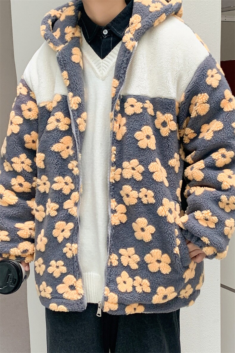 M8019P90港风外景羊羔毛休闲百搭学生港风加厚棉衣花朵图案,男装棉衣,电商A026-1