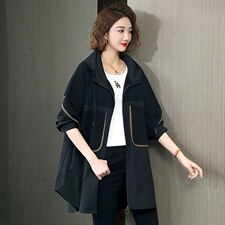 中长款夹克上衣2023新款大码连帽拼接口袋长袖外套时尚春，女装风衣，丽影随形