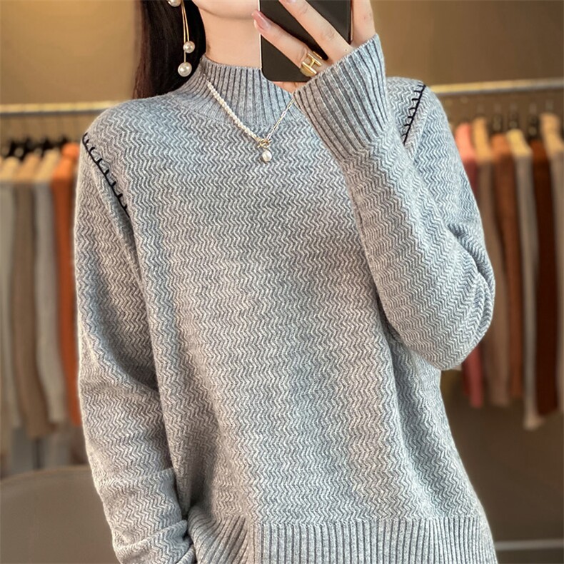 秋冬季羊毛重工半高领波浪纹羊毛衫,女装羊毛衫,秋虹羊绒