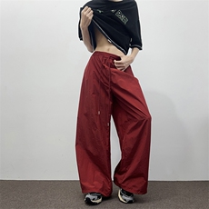 辣妹橘红色工装裤女褶皱休闲显瘦阔腿美式宽松裤K0846-P50，男装工装外套，星座308B-2
