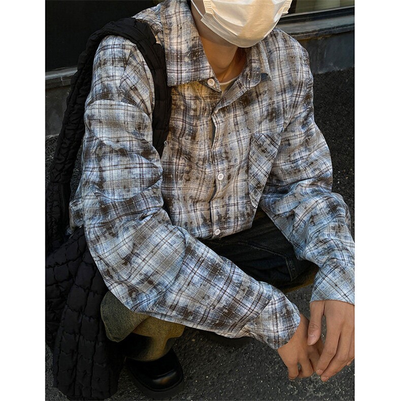 2026春扎染格子衬衫C5371-TP5578港风衬衣外套复古上衣男,男装衬衫,电商A102