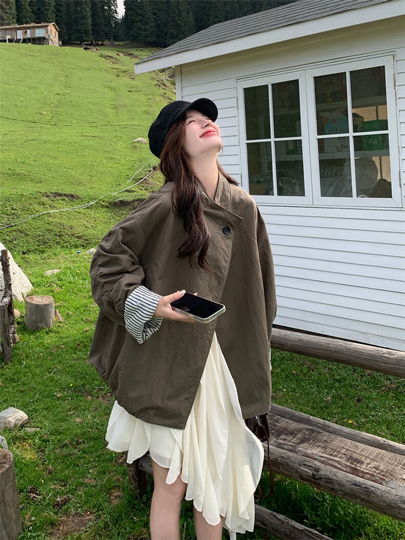 休闲风立领纯色常规宽松型女风衣百搭洋气秋季宽松春秋气质小个子,女装风衣,浙宝301