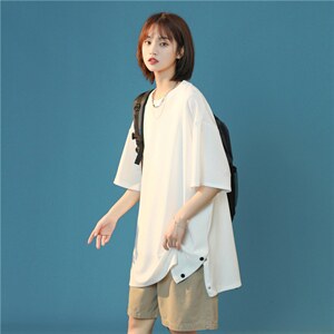 T3053/P25夏季半袖中性风宽松开衩体恤打底衫短袖T恤男女简约上衣图片