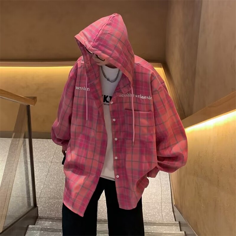 春秋美式粉色字母格子连帽衬衫男长袖潮牌宽松学生休闲衬衣外套,男装衬衫,星座601-2