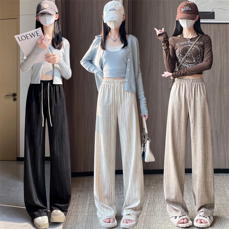 条纹休闲裤子女秋季2024新款流行高腰长裤显瘦宽松阔腿裤,女装休闲裤,梦白服饰厂