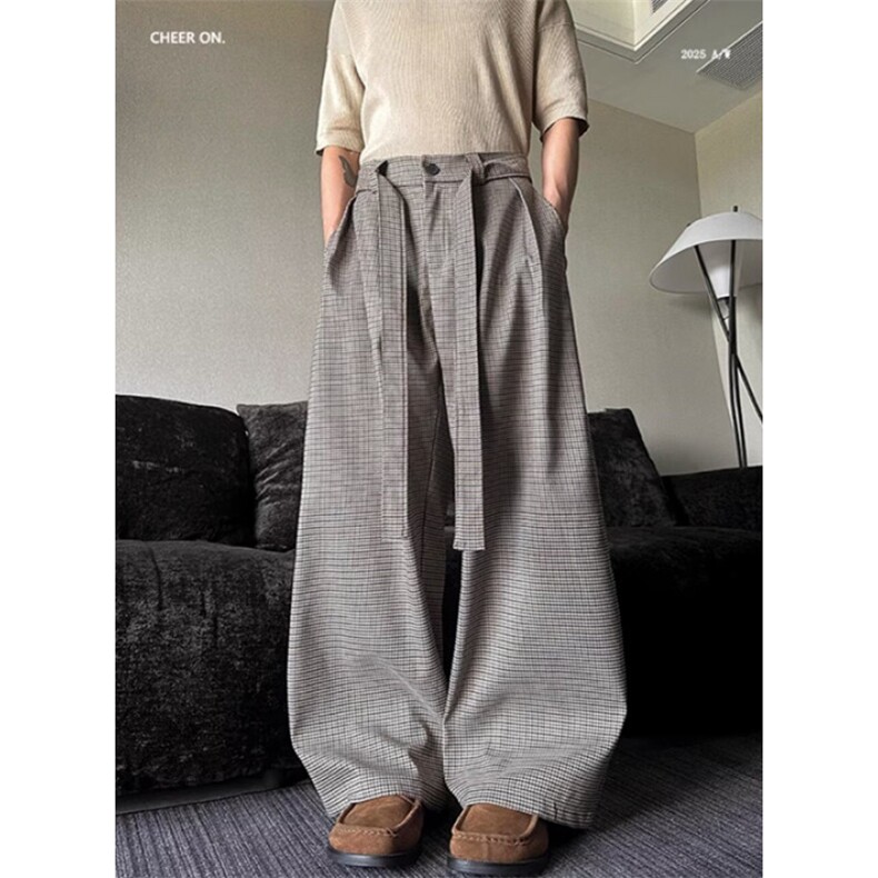 夏季新款阔腿裤女高腰设计感日系撞色拼接格子宽松休闲裤 K9060图片