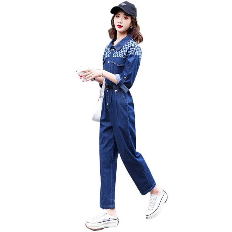 牛仔工装连体裤女2025春秋新款拼接格子高级感时尚流行连衣裤,女装连体裤,天丽