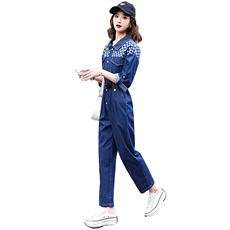 牛仔工装连体裤女2025春秋新款拼接格子高级感时尚流行连衣裤，女装连体裤，天丽