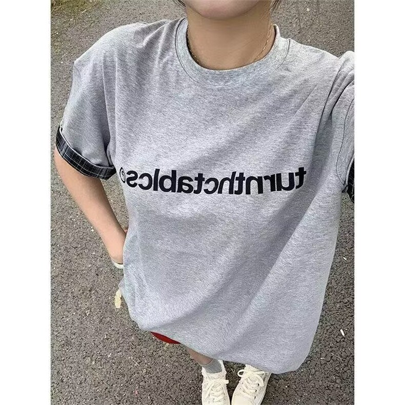 美式复古潮牌t恤女夏季格纹拼接灰色圆领短袖宽松情侣休闲上衣潮图片