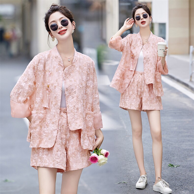 小香风短裤套装2025夏季新款网红爆款小个子新中式国风洋气两件套，女装套装/套裙，伊仟回