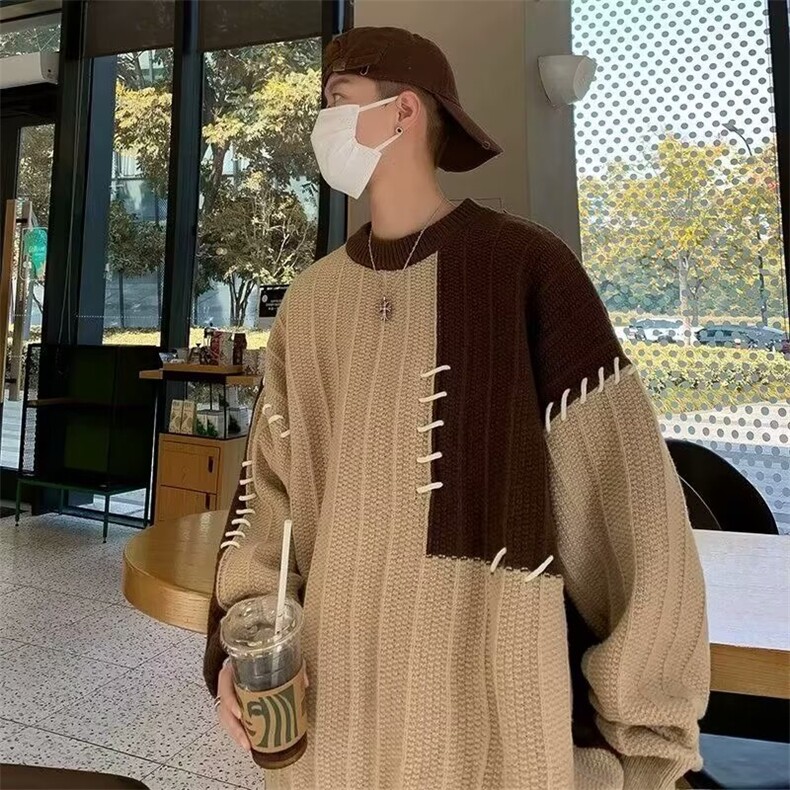 M212-P47毛衣感拼接撞色设计男女宽松秋冬季休闲小众套头,男装针织衫/毛衣,电商B323A