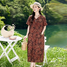 夏天宽松大码印花短袖连衣裙女2025新款洋气减龄显瘦棉麻碎花裙子，女装连衣裙，倪叶myz