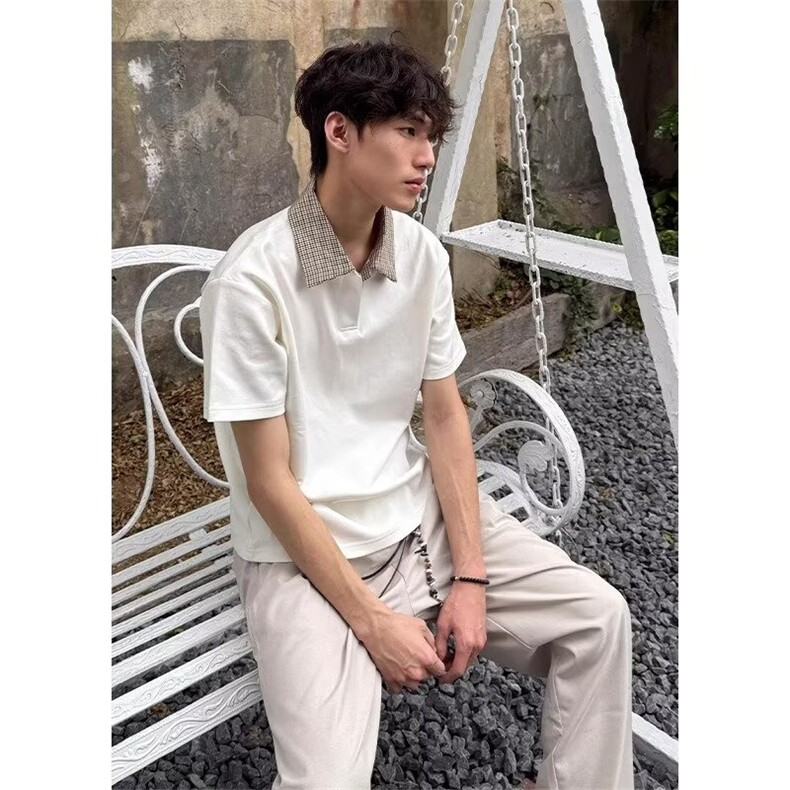 拼接boxy短宽老钱风polo领软糯冰感抗皱空气层短袖t恤ETX62,男装T恤,星座208-5