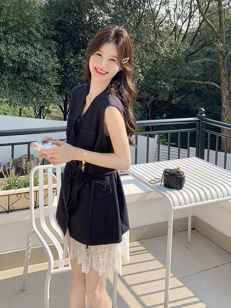 藏青色蕾丝拼接减龄西装裙女2025夏季新款韩版休闲显瘦气质连衣裙,女装连衣裙,浙宝276（原081）