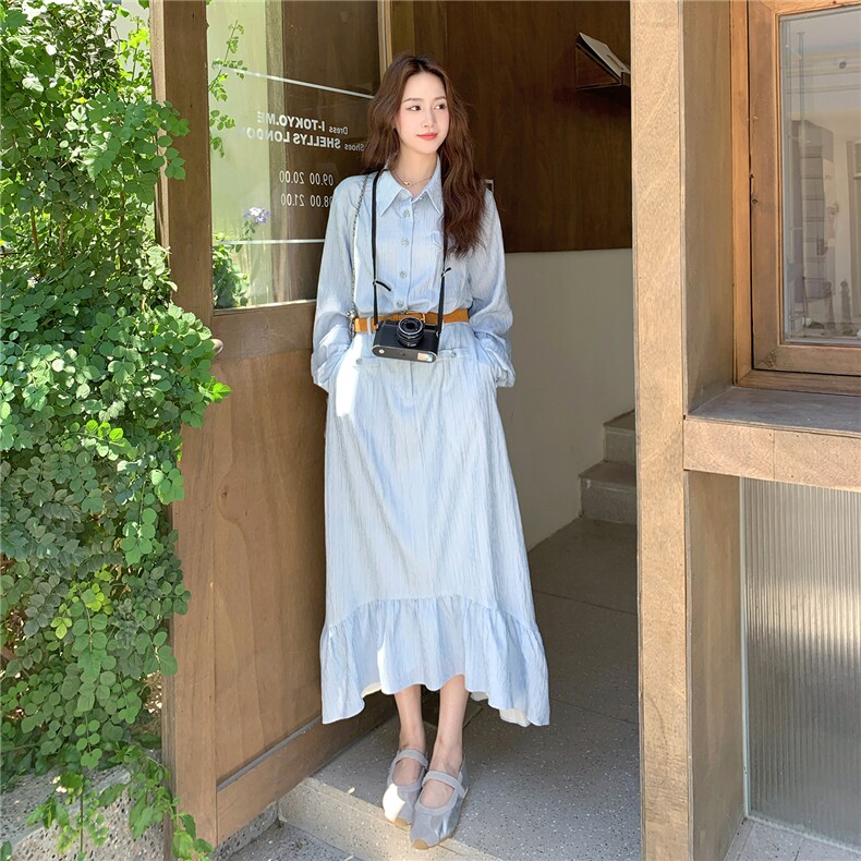 少女风竖条纹蓝色衬衫连衣裙女春秋2025新款学院风长裙巨好看小众图片
