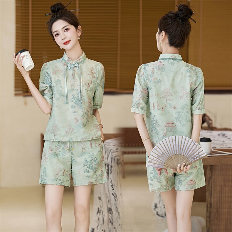 新中式国风套装小个子夏季女装气质洋气时尚减龄显瘦短裤两件套，女装套装/套裙，仟媚宠