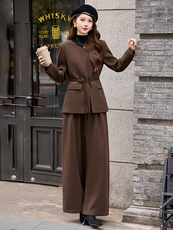 现货毛呢套装女2025年冬季新款女装时尚气质休闲外套阔腿裤送腰带，女装套装/套裙，时尚俏佳人