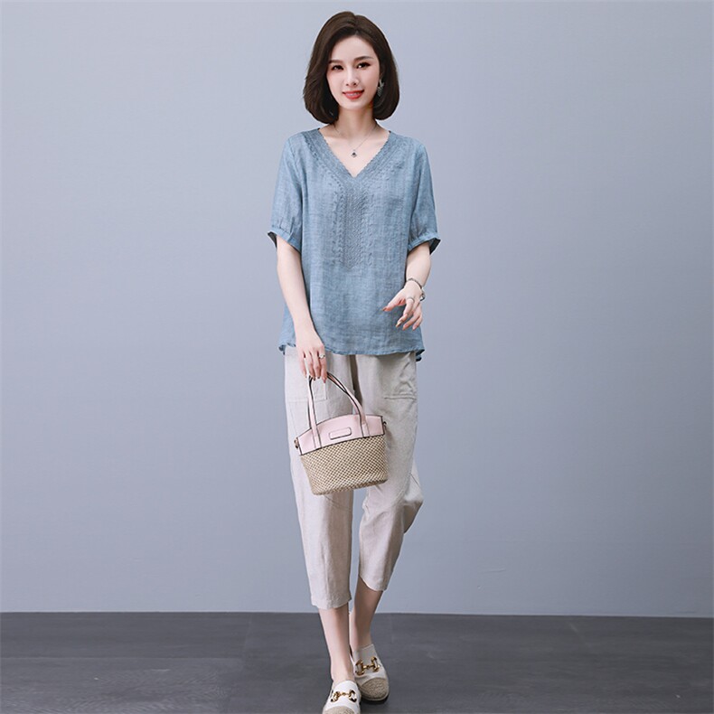 棉麻衬衫女夏2025新款高端大码宽松苎麻小衫中年妈妈短袖亚麻上衣图片