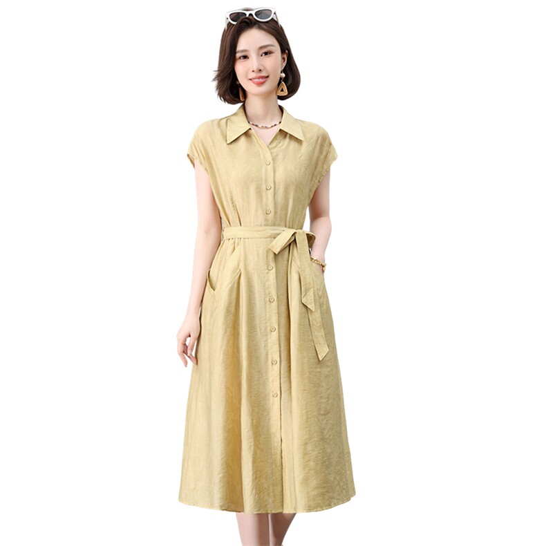 翻领单排扣亚麻连衣裙夏季新款中年妈妈修身显瘦暗纹提花裙子,女装连衣裙,曼沙奕珂