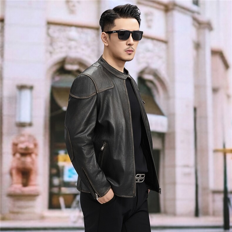2025海宁新款男士真皮皮衣头层牛皮短款立领帅气修身薄款外套潮,男装皮衣,电商B360A（原721A）