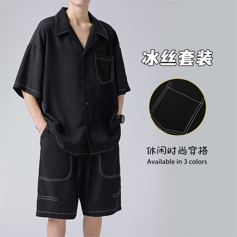 夏季滑料凉感冰丝短袖衬衫短裤男薄款透气潮流两件套装TZ092-P65图片