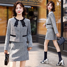 2025春秋装新款法式小香风蝴蝶结优雅气质名媛套装亮丝短裙两件套，女装套装/套裙，雅静靓衣