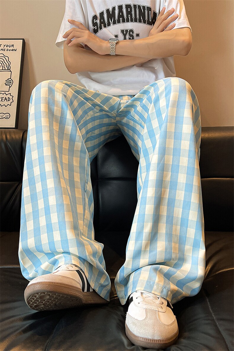 D206-1K9142P558XL-M多巴胺格子裤夏季休闲宽松直筒拖地阔腿裤男,男装休闲裤,电商D206-1