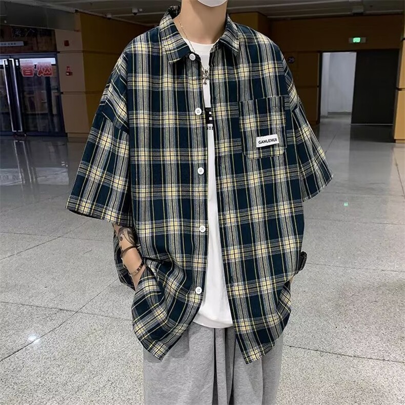 夏季宽松休闲短袖衬衫男款日系潮牌ins格子衬衫外套C87-P36,男装衬衫,星座1109-3