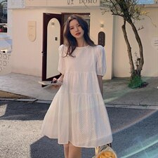 2021夏季新款女装压花泡泡袖法式连衣裙中长款，女装连衣裙，阿菲诺依