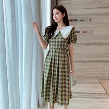 2021夏新款韩版蕾丝拼接格子裙复古连衣裙学院风大码女装+，女装连衣裙，潮品会