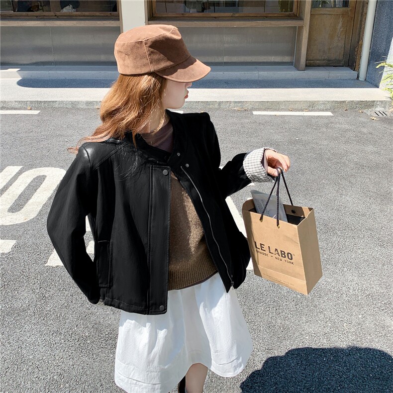 咖色甜酷风韩版皮衣夹克女秋季2025新款小个子休闲显瘦百搭短外套,女装皮衣,2C126