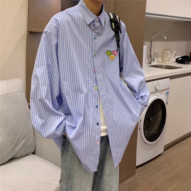 2022港风文艺条纹衬衣男春秋宽松潮流长袖衬衫复古百搭,男装衬衫,星座716-4