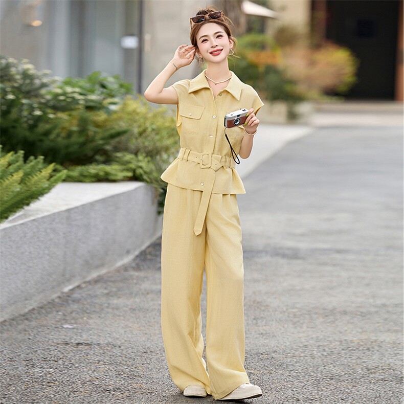 黄色绝美休闲套装裤女2025夏季新款系带收腰衬衫工装阔腿裤两件套,女装套装/套裙,韩宇舍