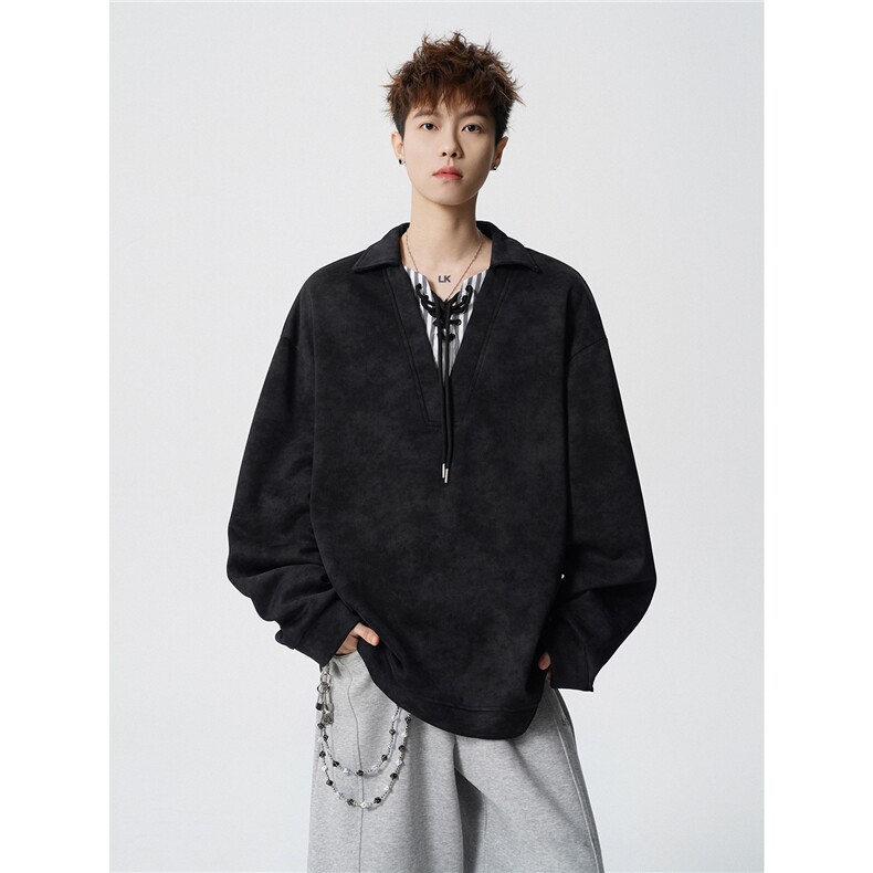 WY10151-特P48 控88 小众扎染撞色拼接条纹假两件大码男宽松卫衣图片