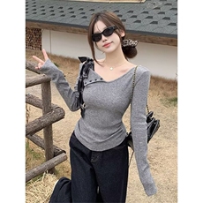 设计感小众蝴蝶结系带长袖T恤女春秋新款不规则灰色修身露肩上衣，男装T恤，星座1210-1