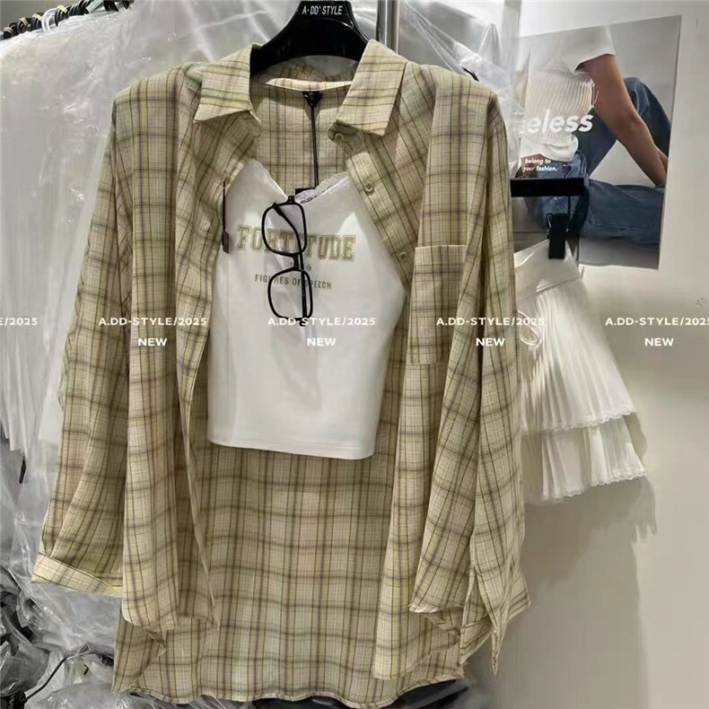 韩系氛围感纯棉格子衬衫女宽松遮肉显瘦防晒衬衣薄款外穿长袖上衣，男装防晒衣，星座506A