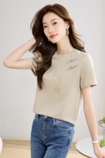 新中式夏季白色打底上衣女竹子刺绣时尚圆领正肩短袖T恤，女装T恤，1D073
