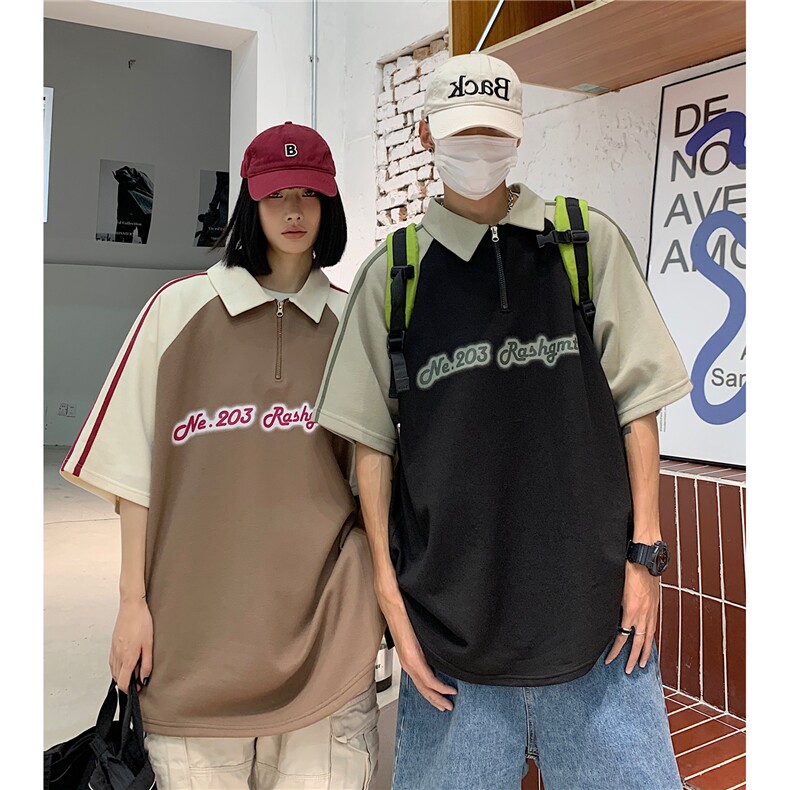 情侣装夏季新款潮字母印花拼接撞色POLO衫学院宽松T恤D273P48,男装T恤,电商A335-1（原A458）
