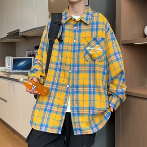 美式复古黄色格子衬衫男潮牌感宽松长袖薄衬衣防晒外套C11-2/P40图片