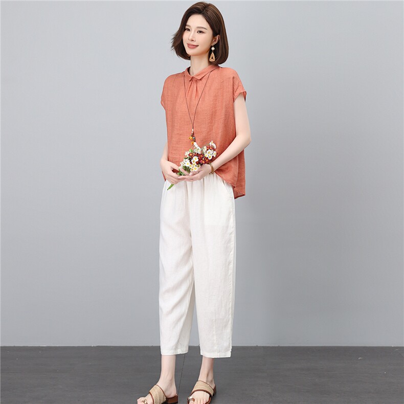 棉麻套装女2026夏季新款中年妈妈洋气减龄苎麻条纹衬衫休闲两件套,女装套装/套裙,独衣靓