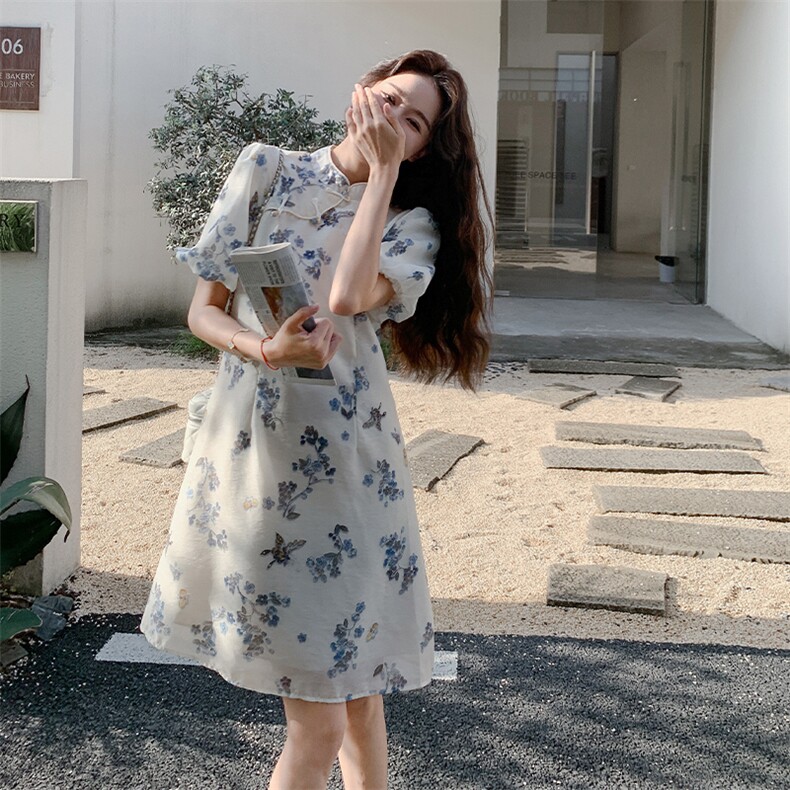 新中式立领旗袍印花连衣裙女欧洲站2025夏季新款泡泡袖显瘦A字裙,女装连衣裙,2C260