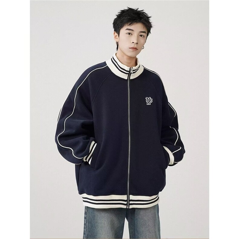 美式条纹棒球服男女春秋新款立领卫衣休闲加绒夹克外套GA1081 P62图片