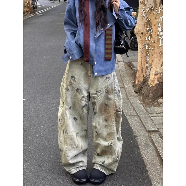 美式复古废土风做旧低裆设计感拼接弯刀牛仔裤潮牌宽松阔腿长裤图片