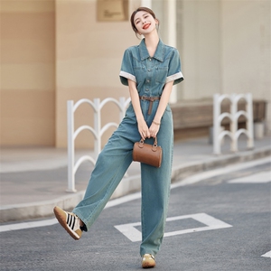 美式复古Polo领牛仔连体裤女夏季2026新款收腰显瘦直筒阔腿拖地裤图片
