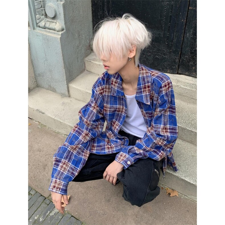 【有货】毛边破坏格子衬衫男长袖高级感拉链衬衣外套2503HH-特P45,男装衬衫,星座1007（原301D）