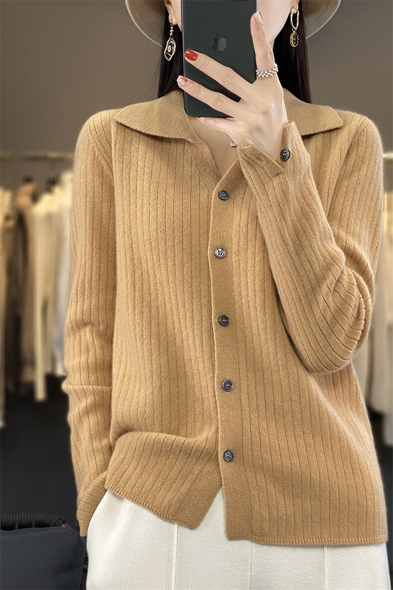 鄂尔多斯市春秋新款翻领100羊毛针织开衫外套女时尚薄外搭毛衣,女装羊毛衫,盛鼎羊绒